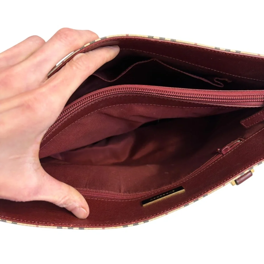 Burberry vintage classic nova check and burgundy leather tote bag - Picture 5 of 16